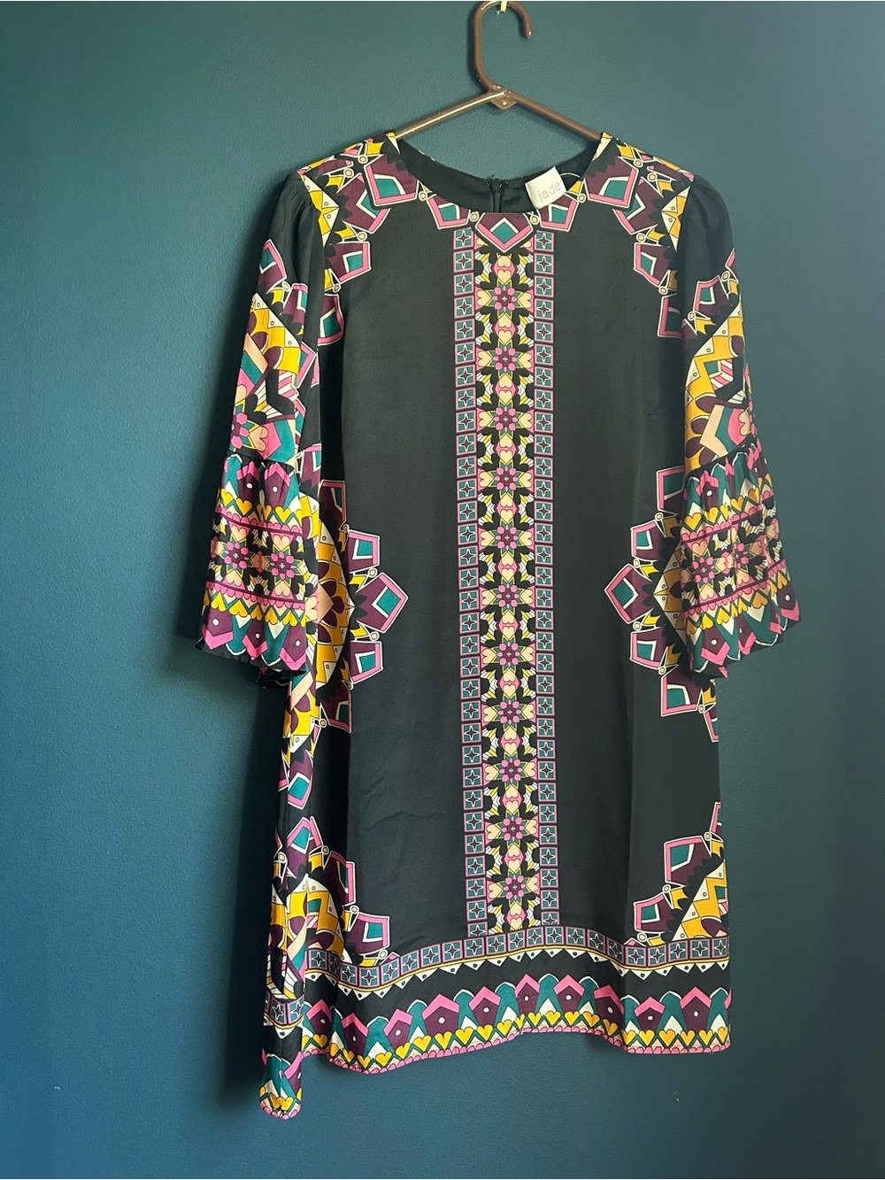 Jade Black Shift Dress with Pink, Yellow & Teal Geometric Print